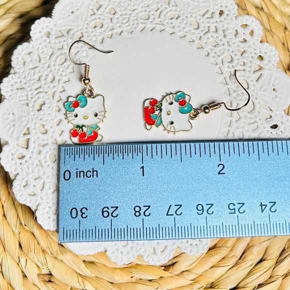 Hello Kitty with Cherries, Enameled Gold Tone Drop Dangle Earrings. - Picture 3 of 6